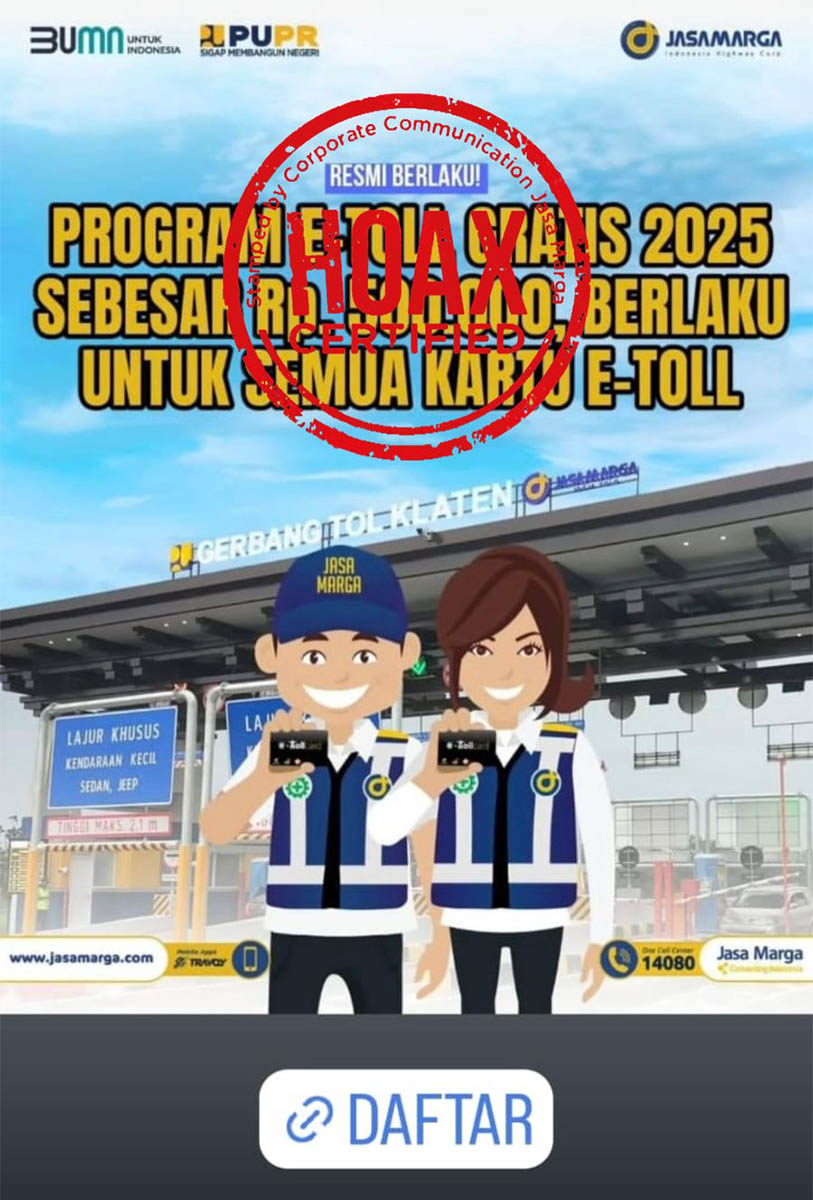Hoaks! Jasa Marga Peringatkan Penipuan e-Toll Gratis Rp500.000